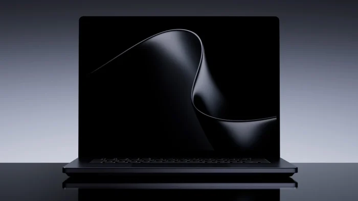 Front view of Surface Laptop Ultra with its 15-inch touchscreen showing a black ribbon wallpaper