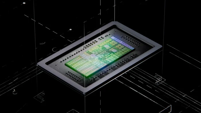 Wireframe render of the RTX Spark chip package sitting on the Surface Laptop Ultra mainboard