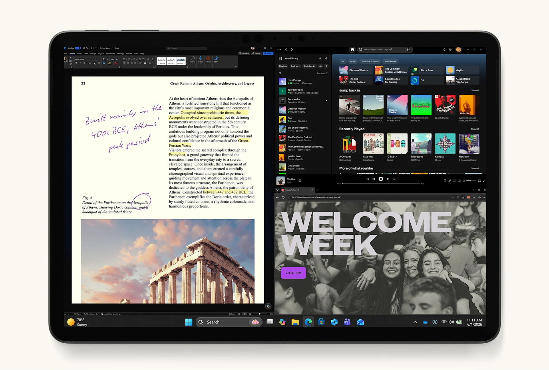Black Surface Pro 12-inch showing a handwritten note on a document beside a music app and a poster in split screen