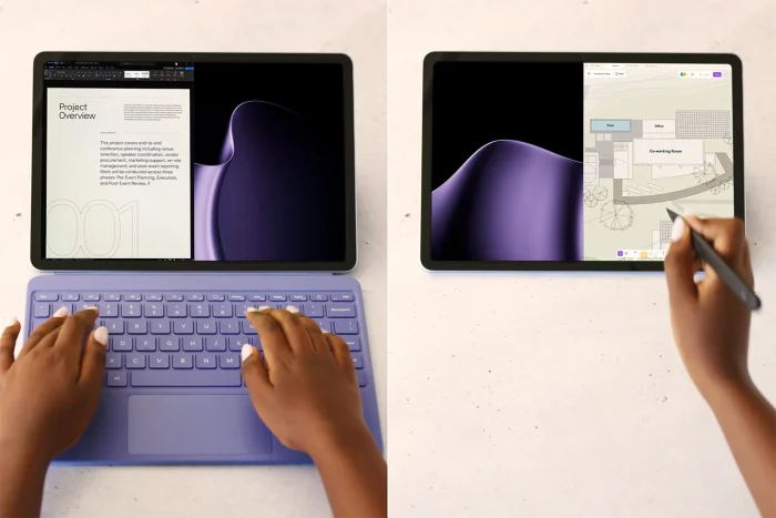Two Surface Pro 12-inch tablets side by side, one typing on a violet keyboard and one being drawn on with a Slim Pen