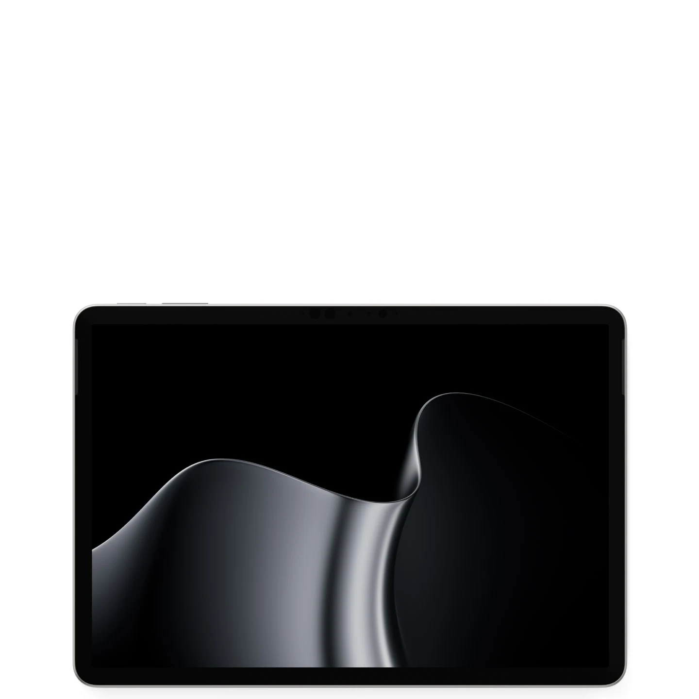 Front of a Platinum Surface Pro 12-inch with a black and silver ribbon wallpaper on screen