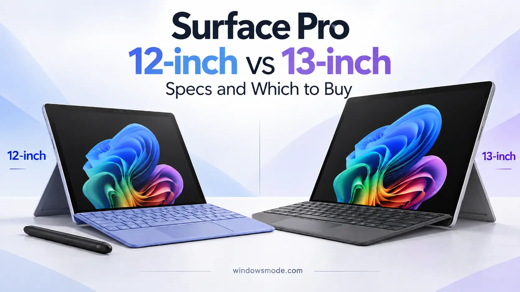 A Surface Pro 12-inch with a violet keyboard and pen beside a larger Surface Pro 13-inch with a black keyboard, both on their kickstands