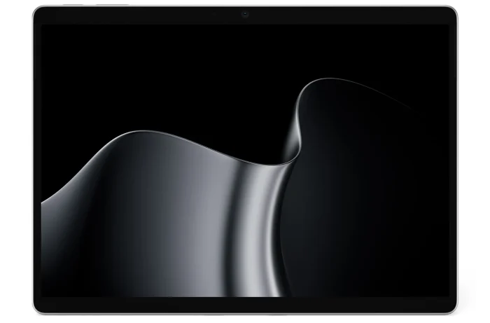 Front of a Platinum Surface Pro 13-inch with a black and silver ribbon wallpaper on screen