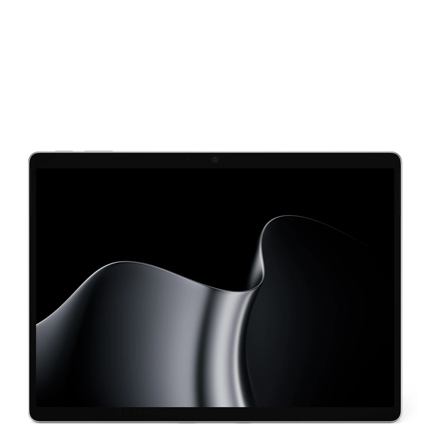 Front of a Platinum Surface Pro 13-inch with a black and silver ribbon wallpaper on screen