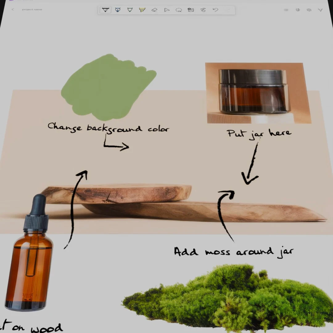Handwritten notes and arrows drawn over a product photo of a jar, wood block and moss in Microsoft Ink Canvas