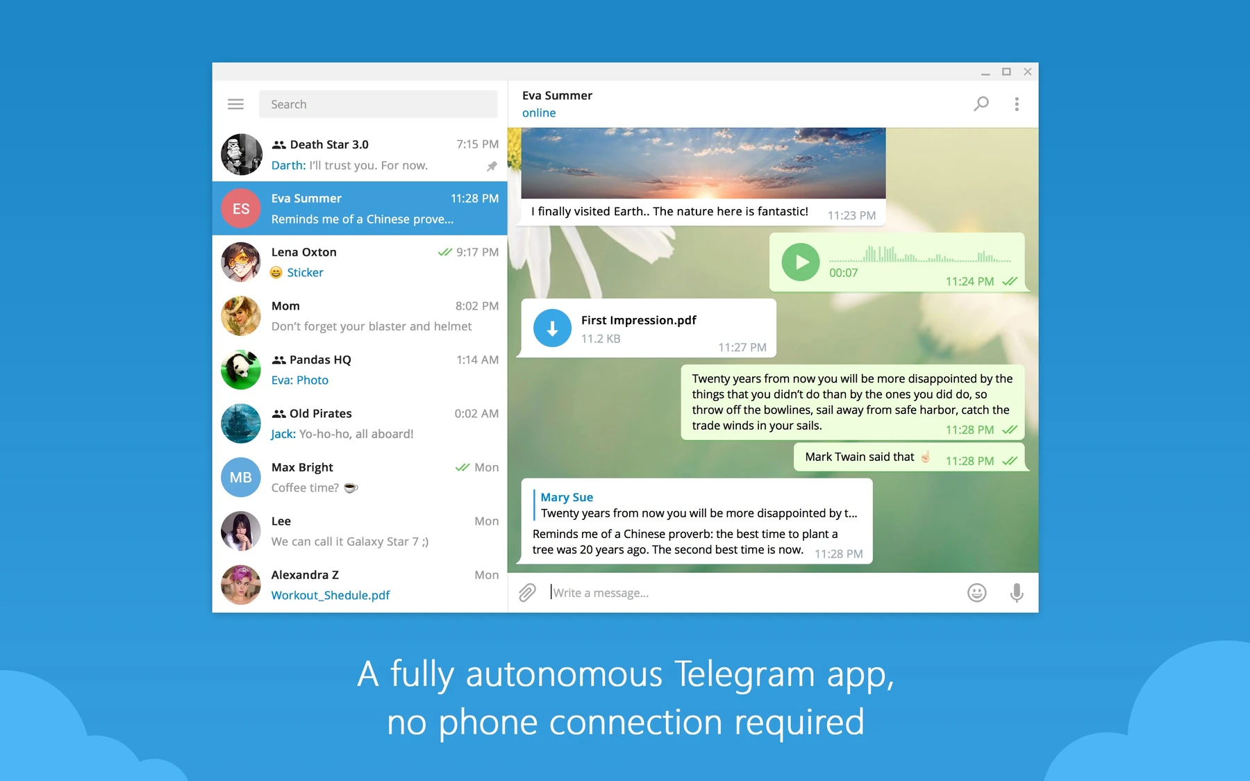 Telegram Desktop chat with a photo, a voice message, a shared PDF file and a quoted reply
