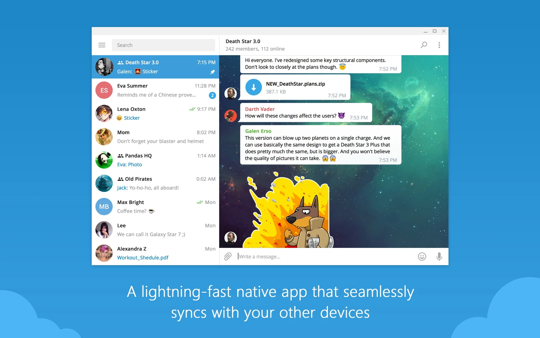 Telegram Desktop on Windows with the chat list on the left and a group chat with a shared zip file, messages and a sticker on the right