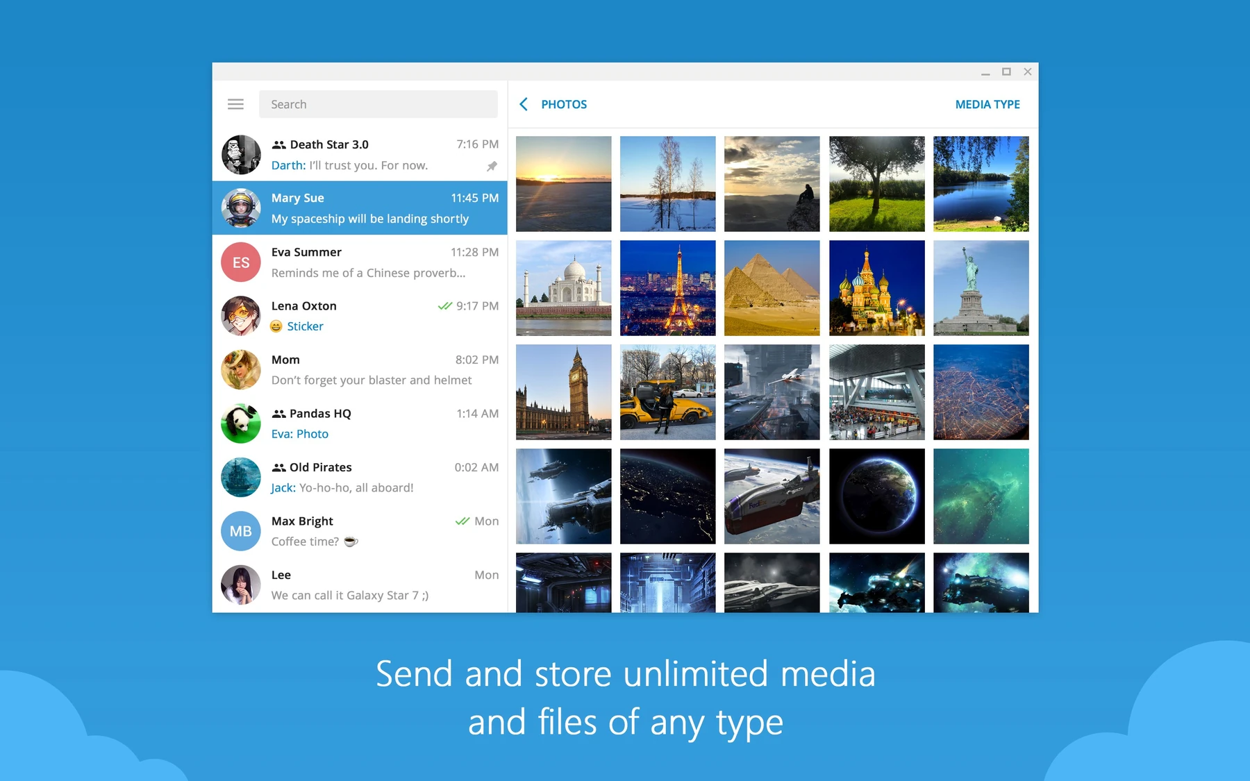 Telegram Desktop shared media view showing a grid of photos sent in a chat