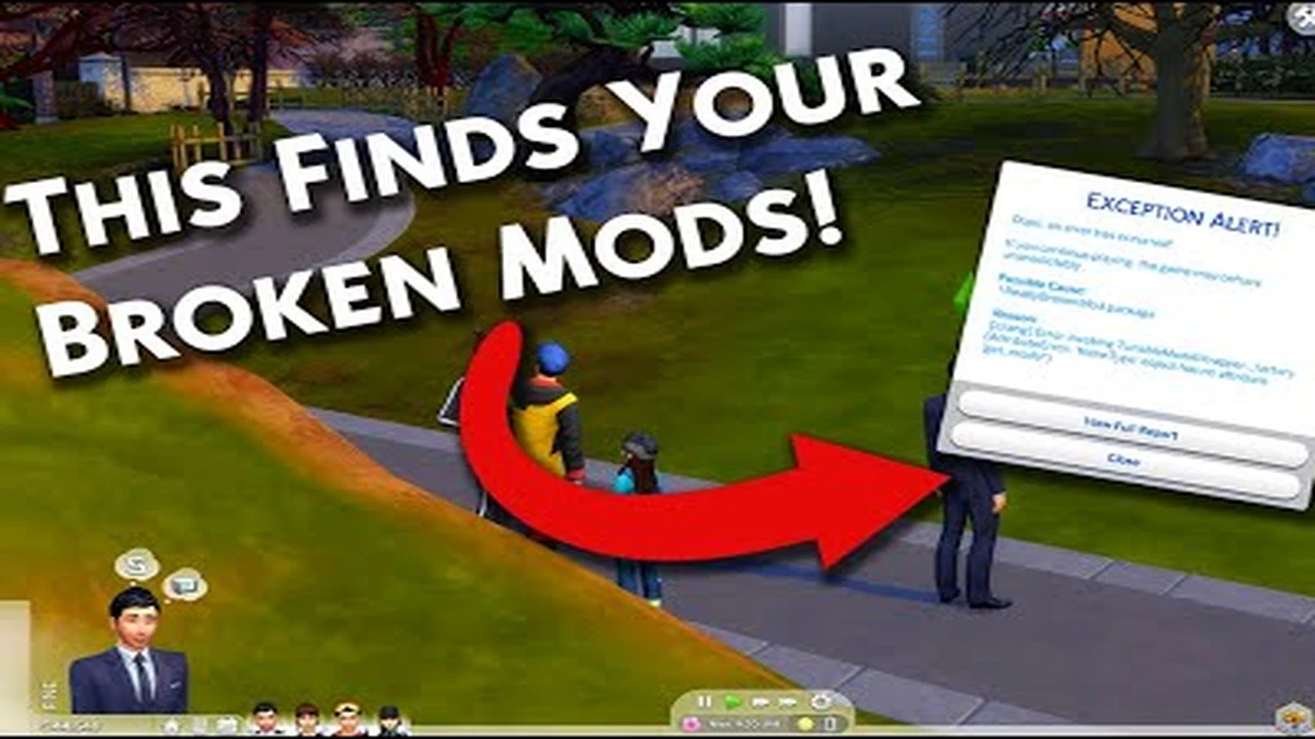 An Exception Alert window in The Sims 4 naming the mod file that caused an error, with an arrow and the words This finds your broken mods