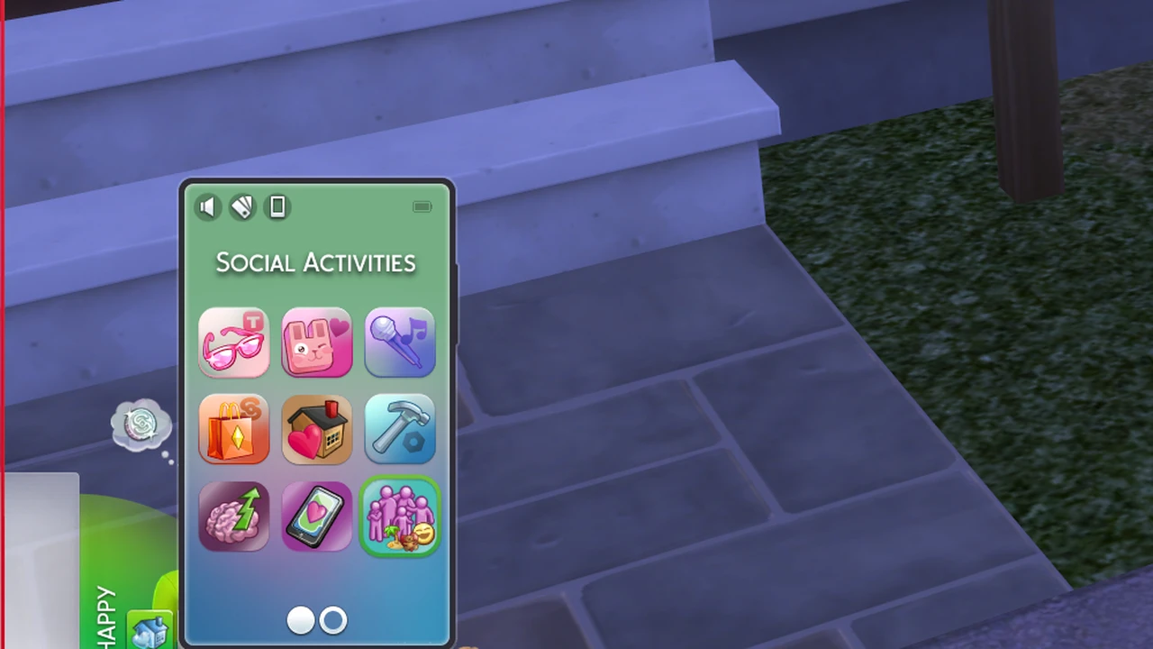 A Sim phone menu titled Social Activities with nine app icons for outings, shown over a front porch