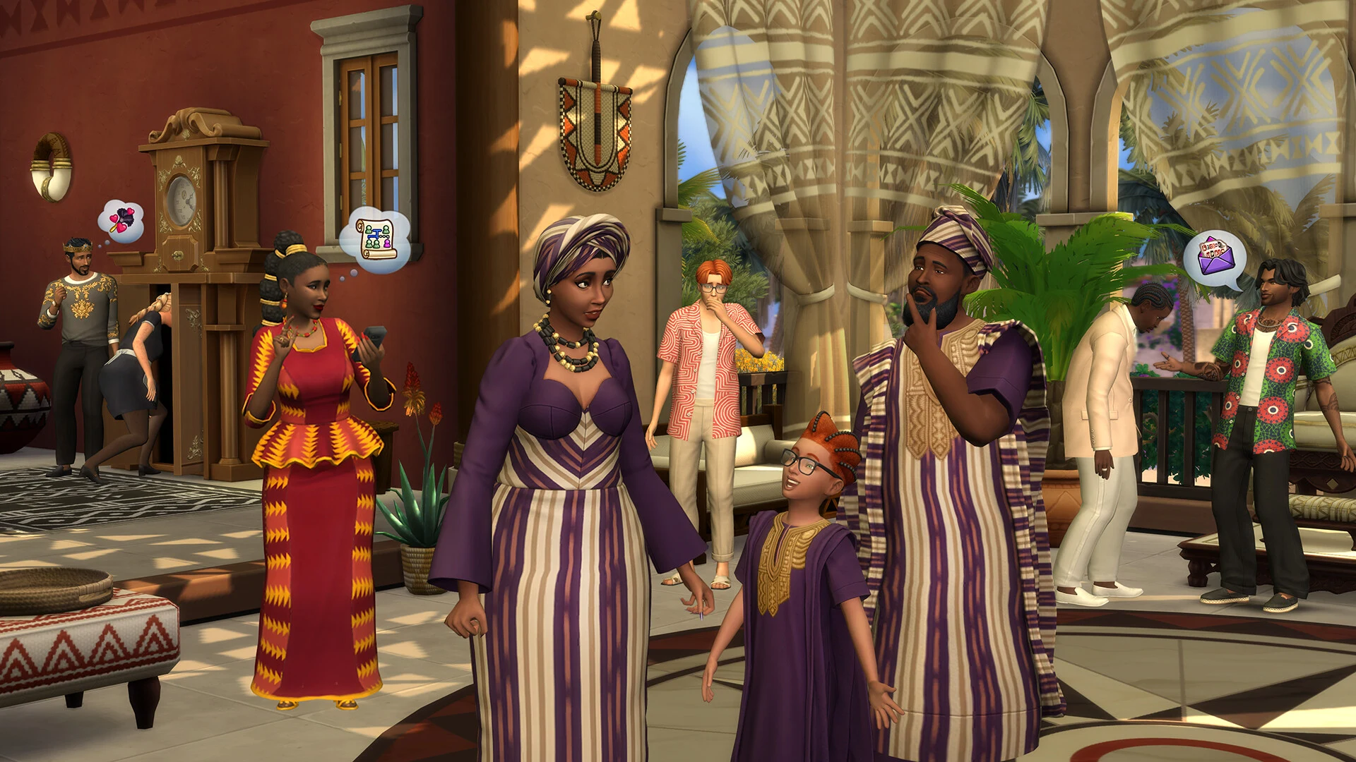 A family in matching purple and gold robes gathers in an ornate hall with patterned curtains and a grandfather clock