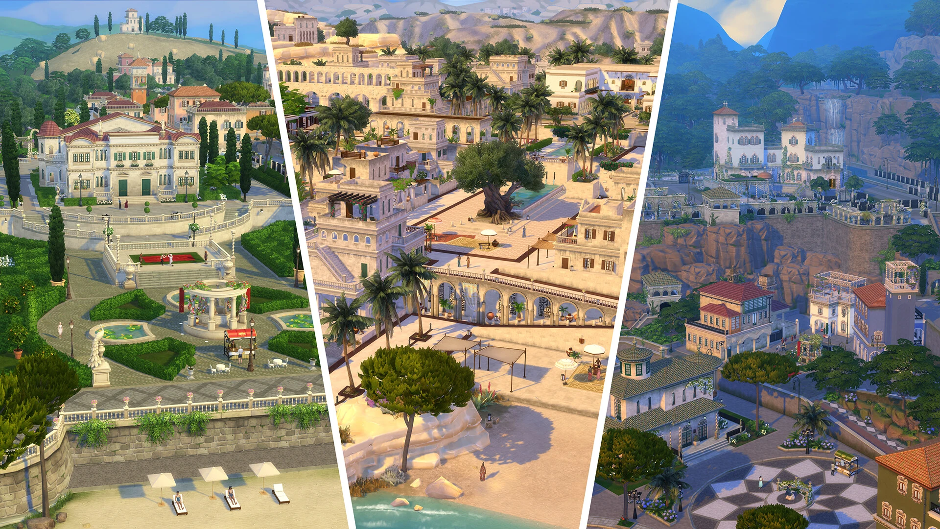 Three views of a sunny coastal kingdom: a palace with formal gardens, a beach town with palm trees and a hillside village