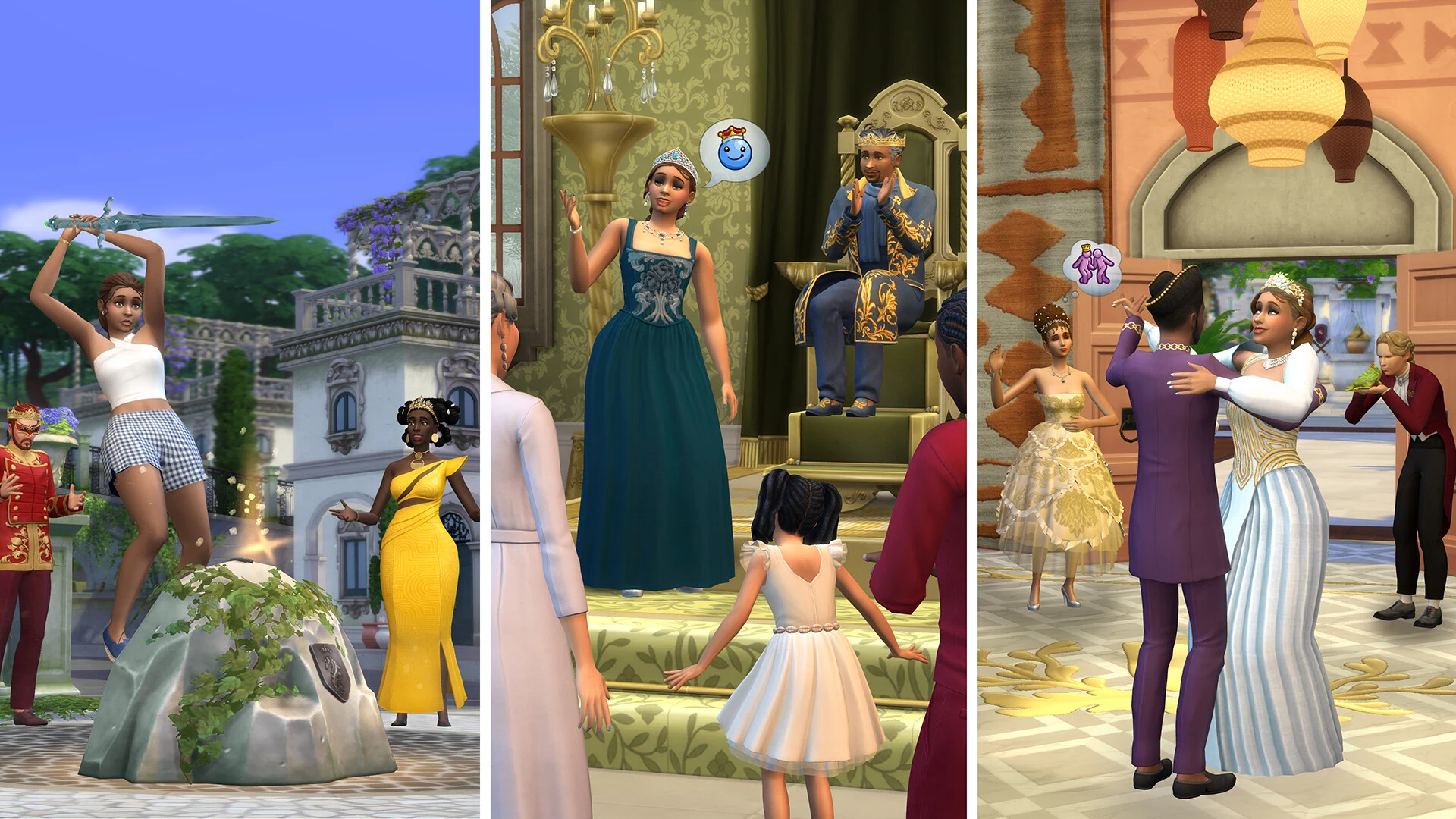 Three scenes side by side: a Sim pulling a sword from a stone, a royal couple on thrones with a child, and a couple dancing at a ball
