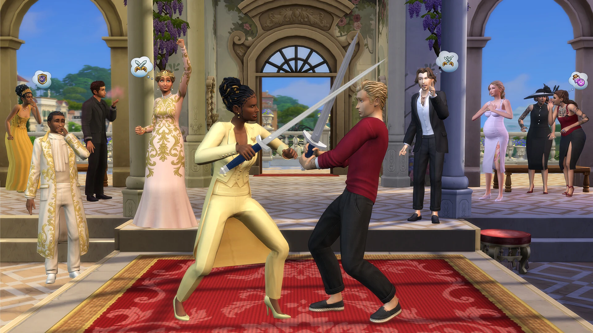 Two Sims fight a sword duel on a red carpet in a palace courtyard while nobles in gowns and suits watch