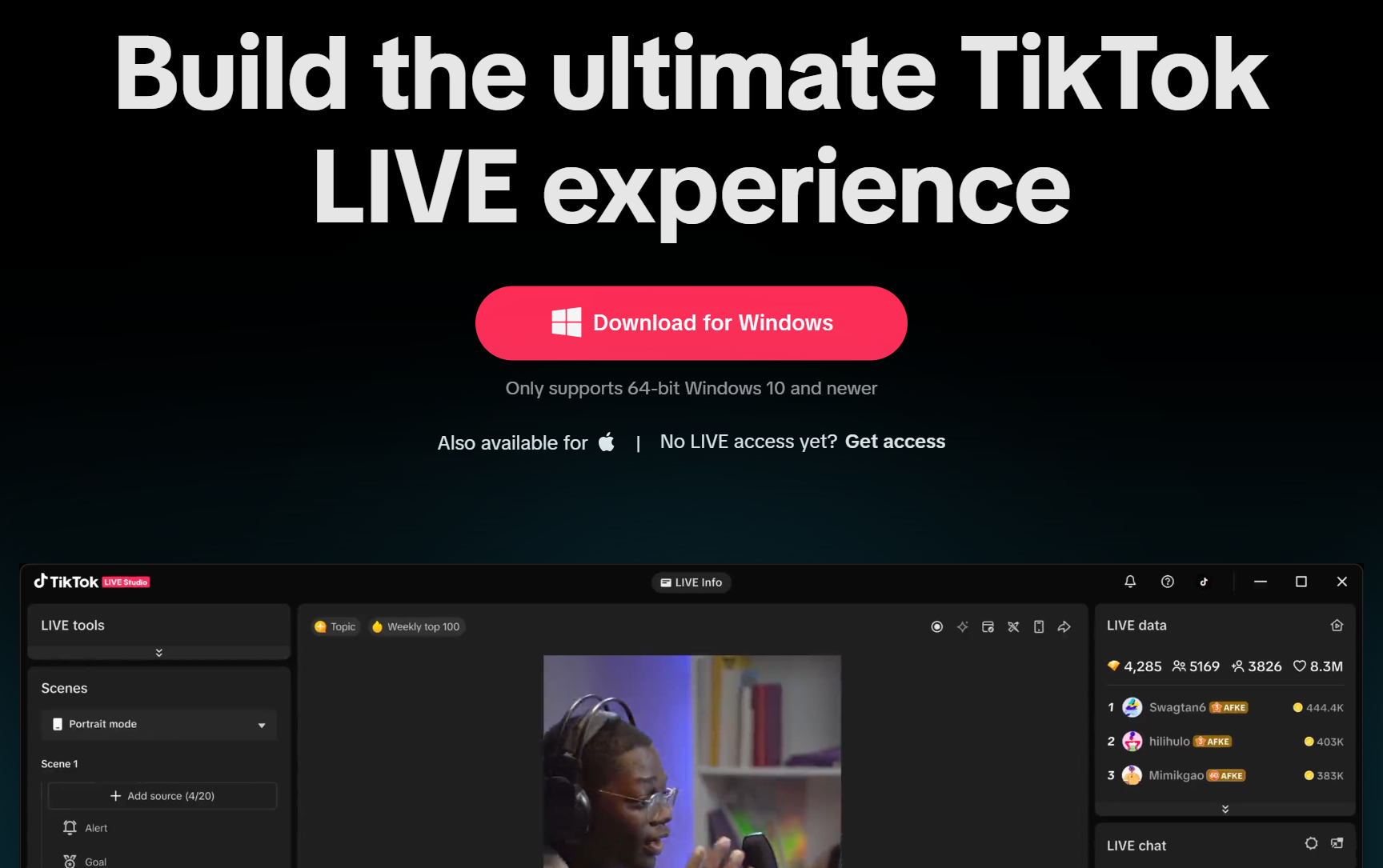 TikTok LIVE Studio download page with a Download for Windows button, a note that it only supports 64-bit Windows 10 and newer, and a preview of the LIVE Studio app