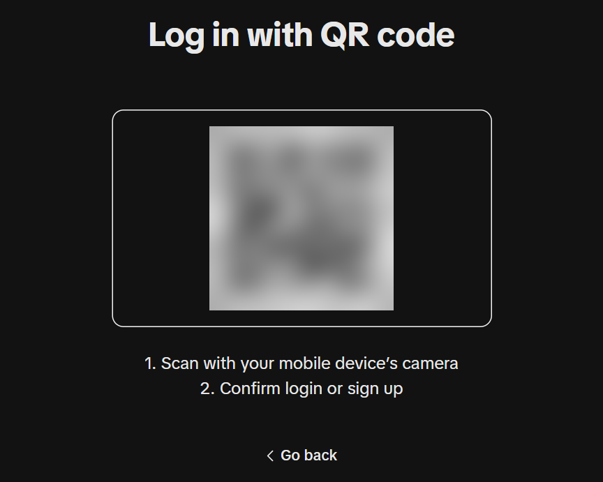 TikTok Log in with QR code page with a blurred QR code and two steps: scan with your phone camera, then confirm login