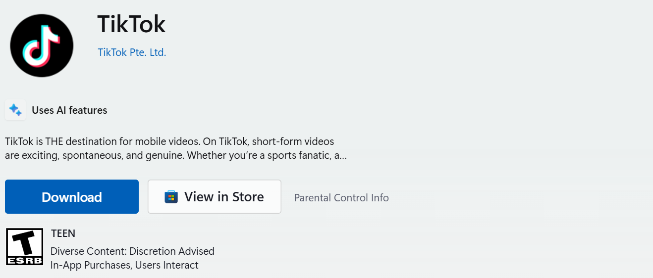 TikTok page in the Microsoft Store with Download and View in Store buttons, published by TikTok Pte. Ltd. and rated Teen