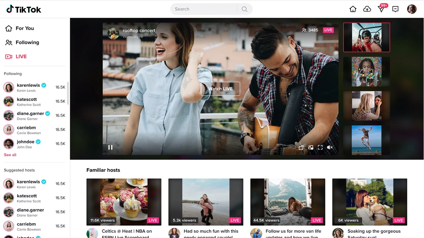 TikTok LIVE page on a PC showing a live rooftop concert, a row of other live streams on the right and familiar hosts below