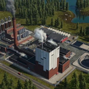 A red brick factory with tall chimneys and a water treatment pool, surrounded by forest, seen from above in Transport Fever 3
