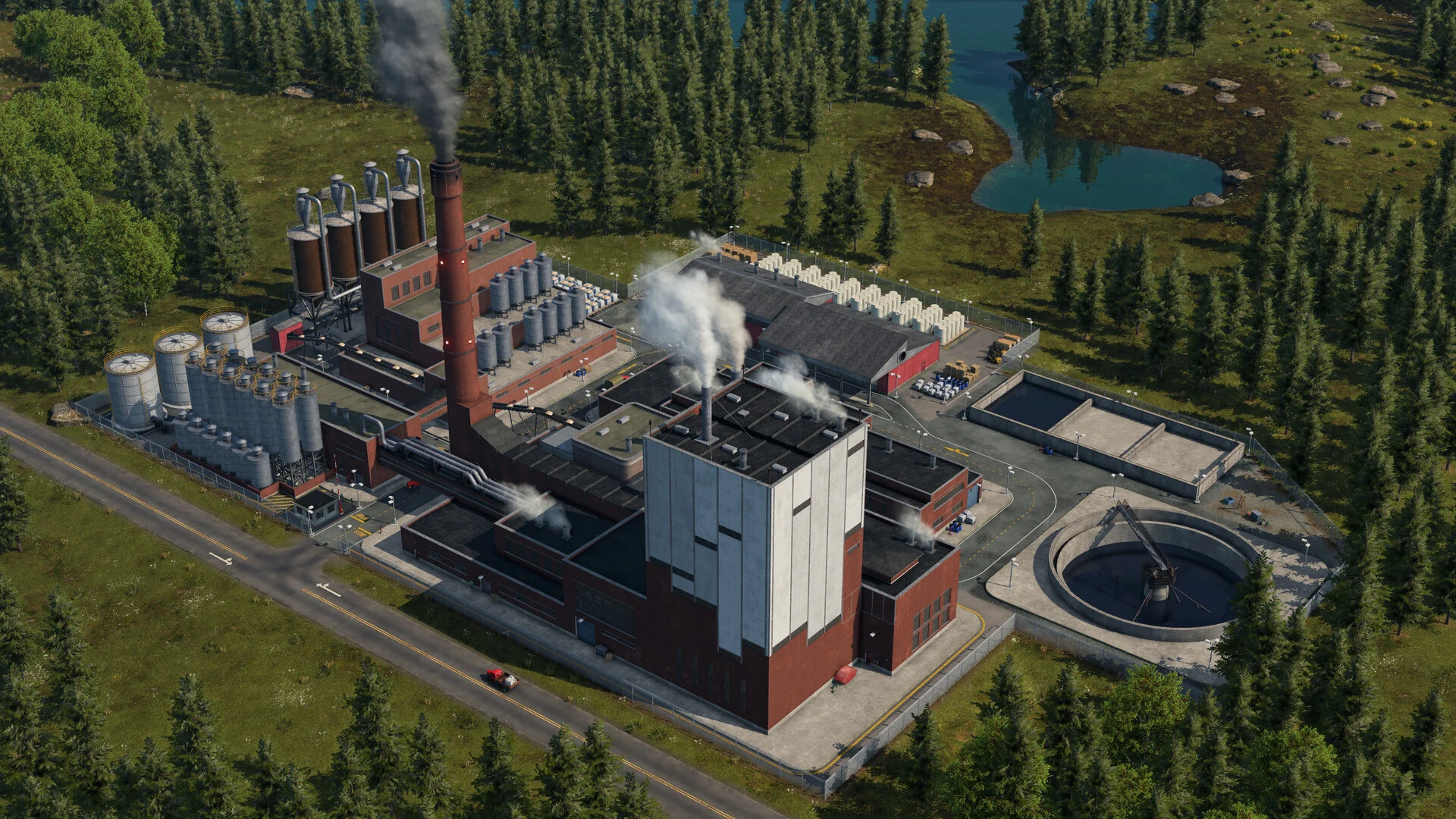 A red brick factory with tall chimneys and a water treatment pool, surrounded by forest, seen from above in Transport Fever 3