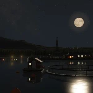 A fish farm and floating hut on a calm lake at night under a full moon in Transport Fever 3