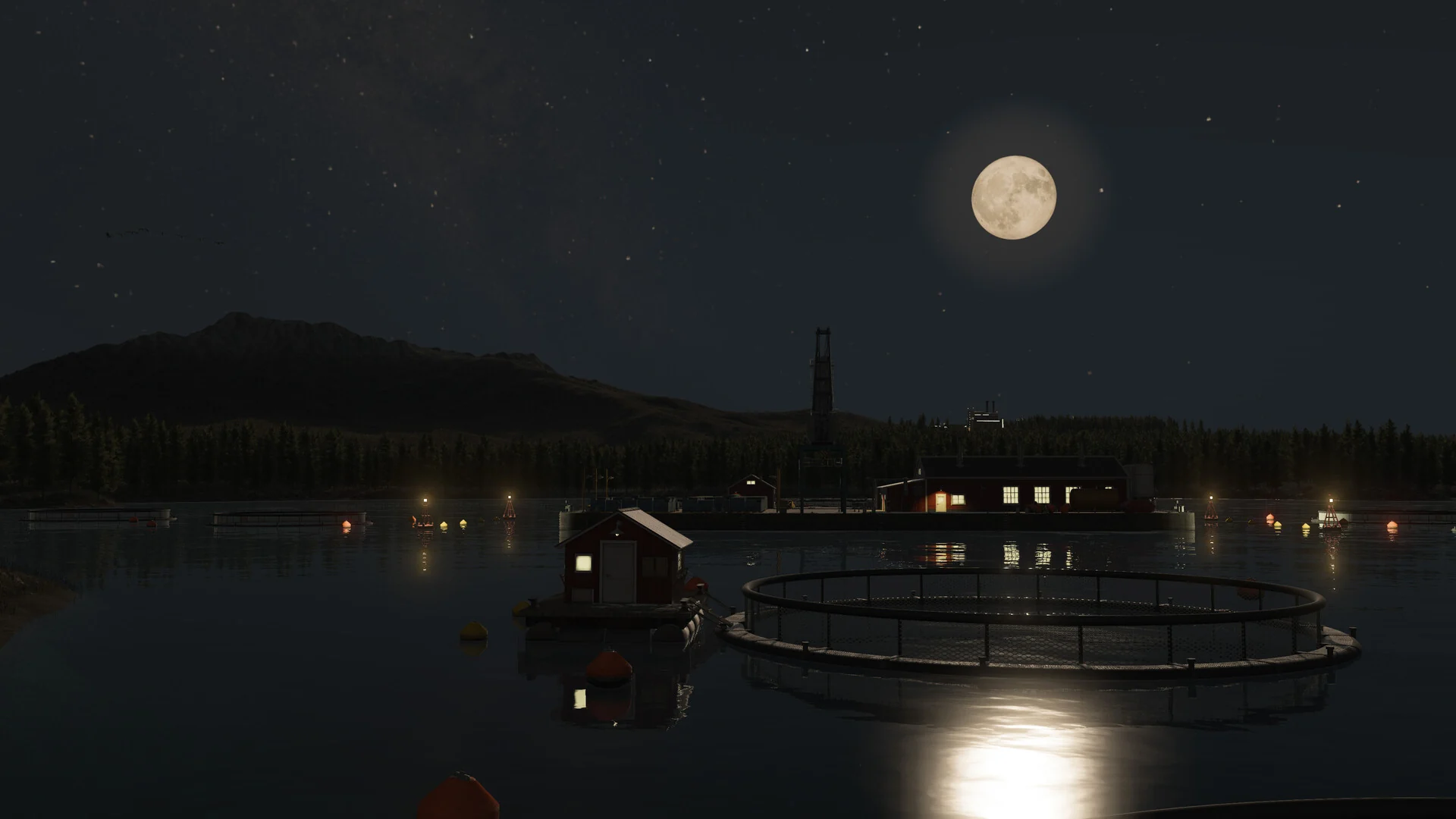 A fish farm and floating hut on a calm lake at night under a full moon in Transport Fever 3