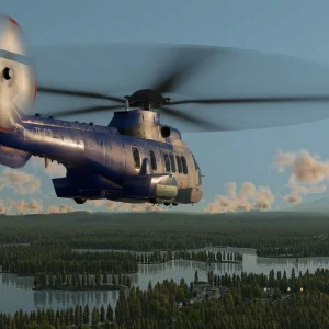 A large passenger helicopter flying over a forest of lakes and islands in the subarctic climate of Transport Fever 3