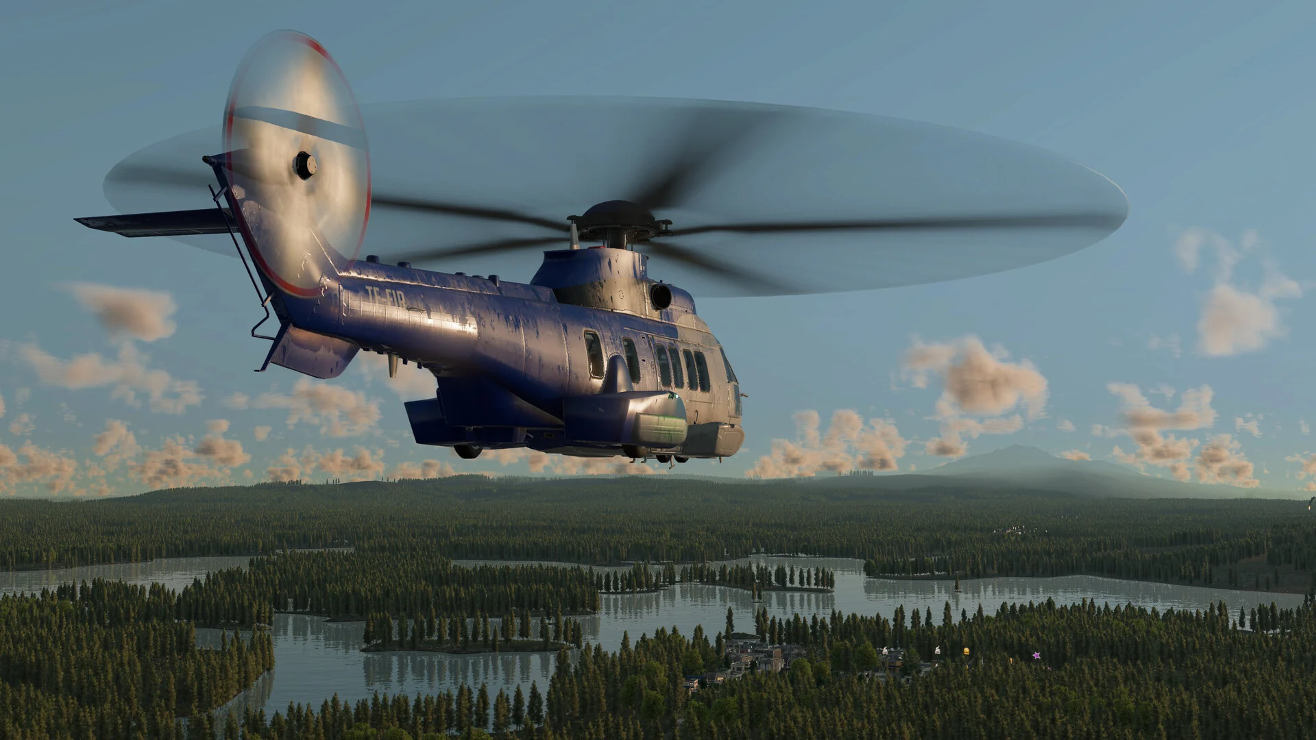 A large passenger helicopter flying over a forest of lakes and islands in the subarctic climate of Transport Fever 3