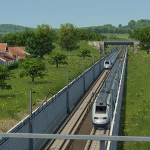 A modern high-speed train speeding along a fenced double track through green countryside past a village in Transport Fever 3