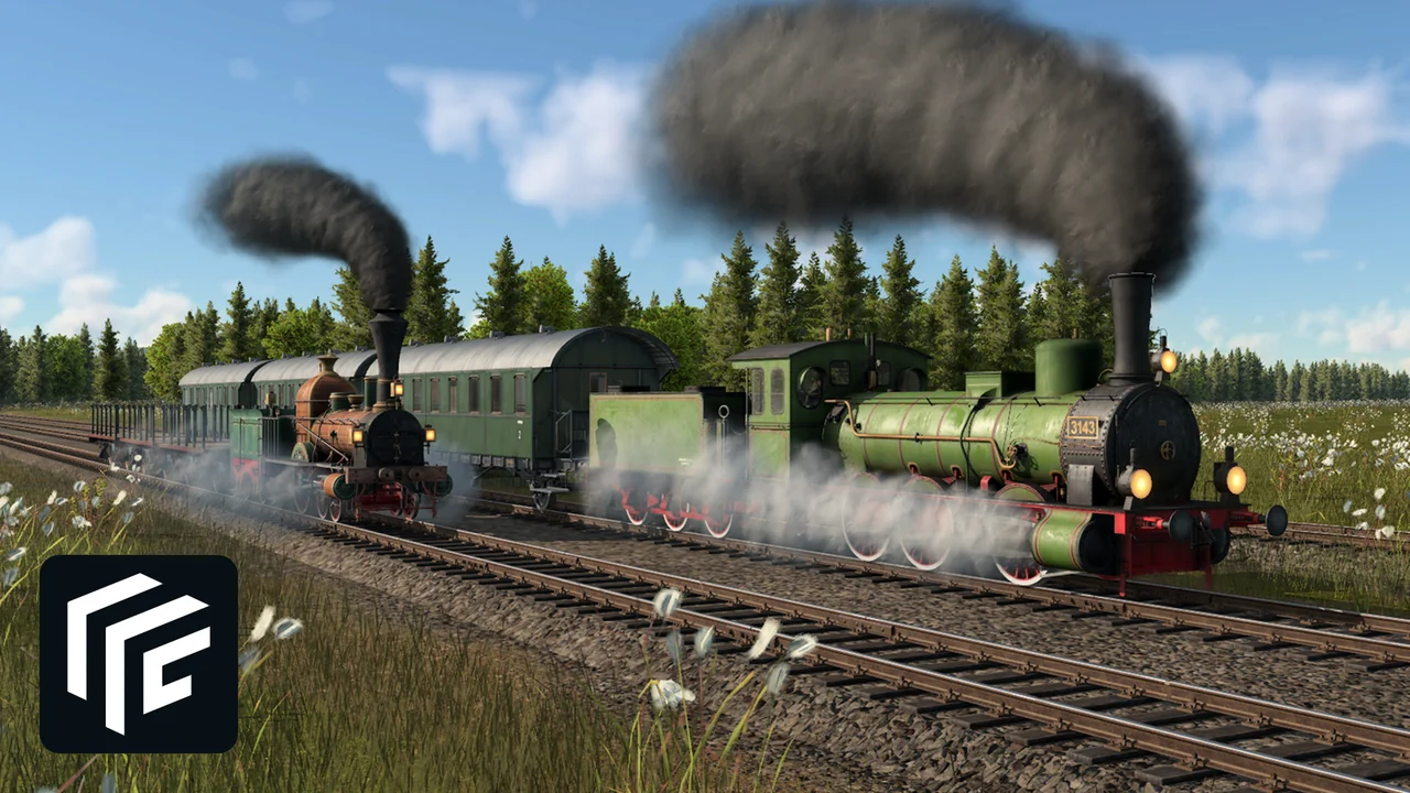 Two early European steam locomotives, a green one and a dark one with passenger coaches, running side by side through a meadow