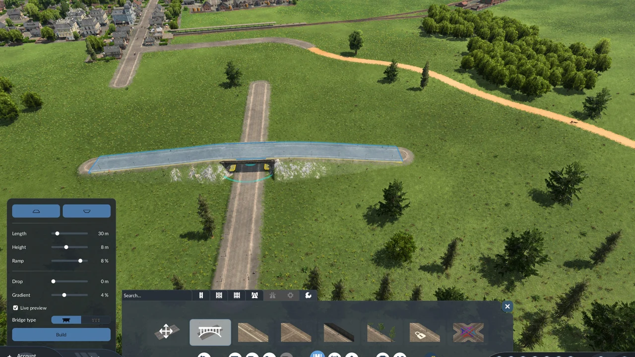 The Overpass Builder mod in Transport Fever 3 previewing a road bridge over a country crossroads, with its length, height and ramp settings open on the left