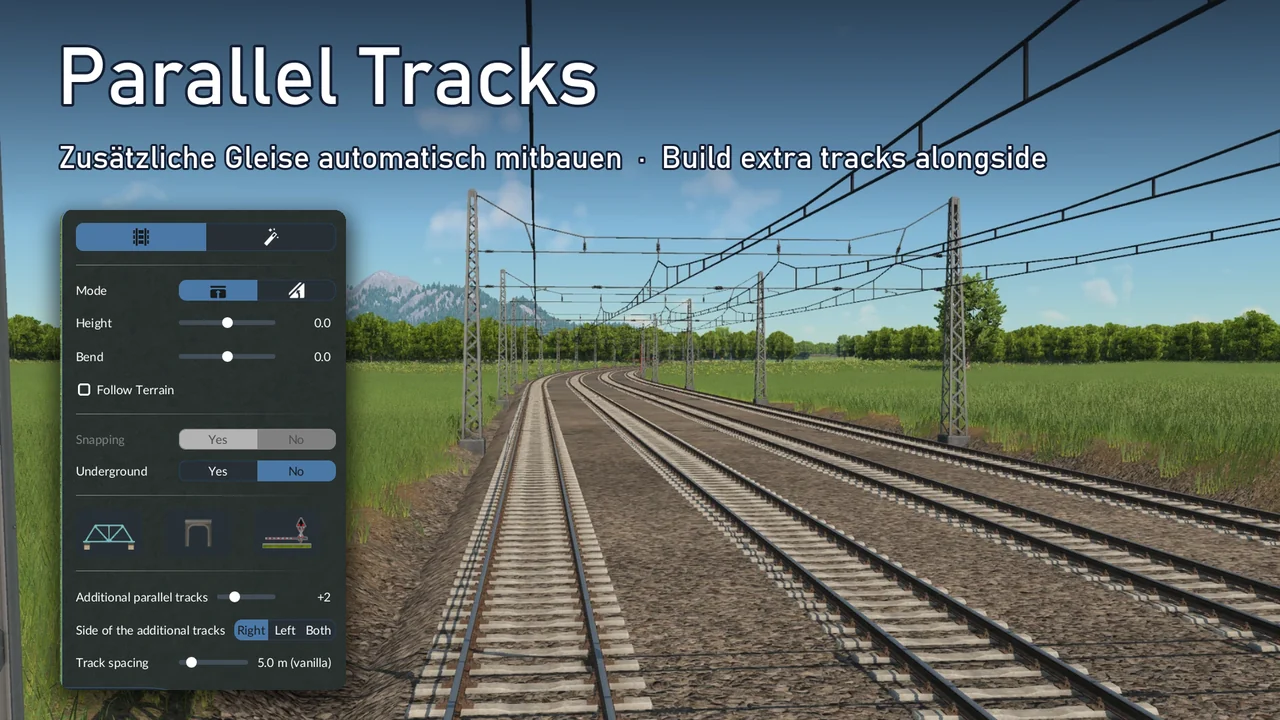 The Parallel Tracks mod settings panel in Transport Fever 3 beside a newly built three-track electrified rail line