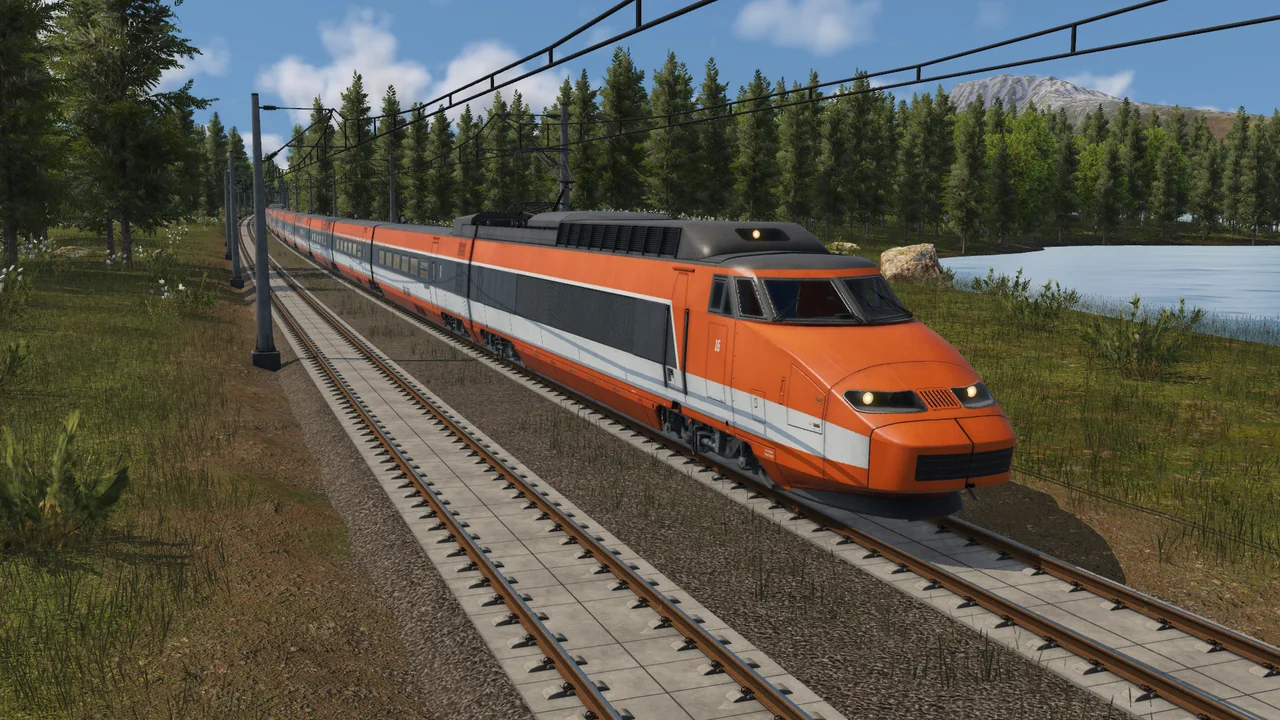 An orange TGV Sud-Est high-speed train from the official TGV mod running under overhead wires past a forest and a lake