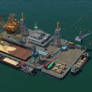 An offshore industry platform with cranes, stacked cargo and a docked supply ship in open water in Transport Fever 3