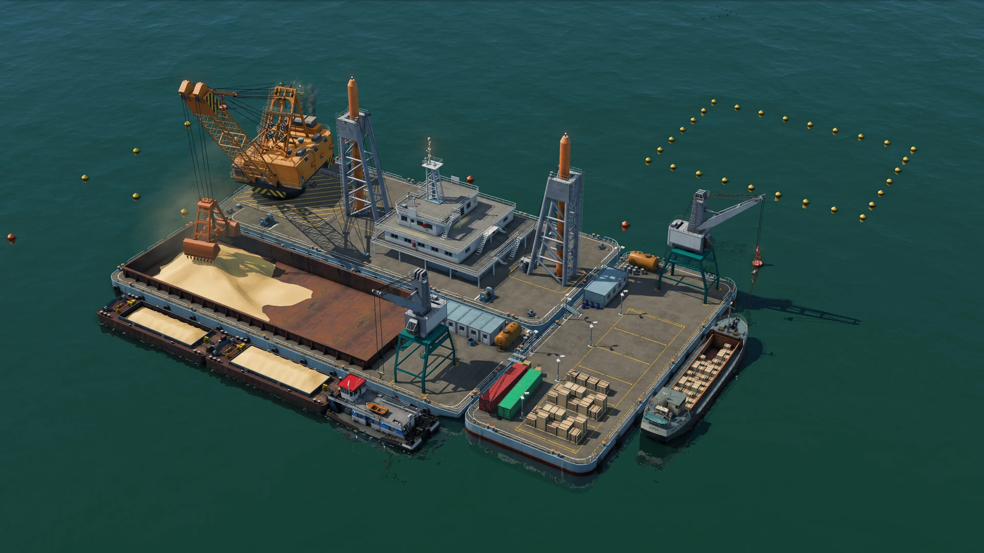 An offshore industry platform with cranes, stacked cargo and a docked supply ship in open water in Transport Fever 3