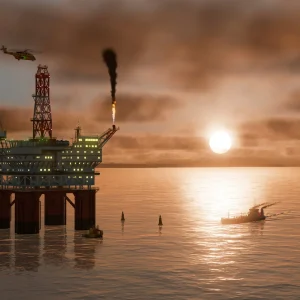 An offshore oil rig at sunset with a helicopter overhead and a small boat on the water in Transport Fever 3