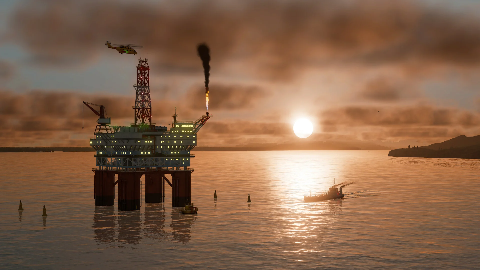 An offshore oil rig at sunset with a helicopter overhead and a small boat on the water in Transport Fever 3