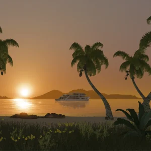 Palm trees framing a tropical sunset over the sea, with a passenger ship on the water in Transport Fever 3