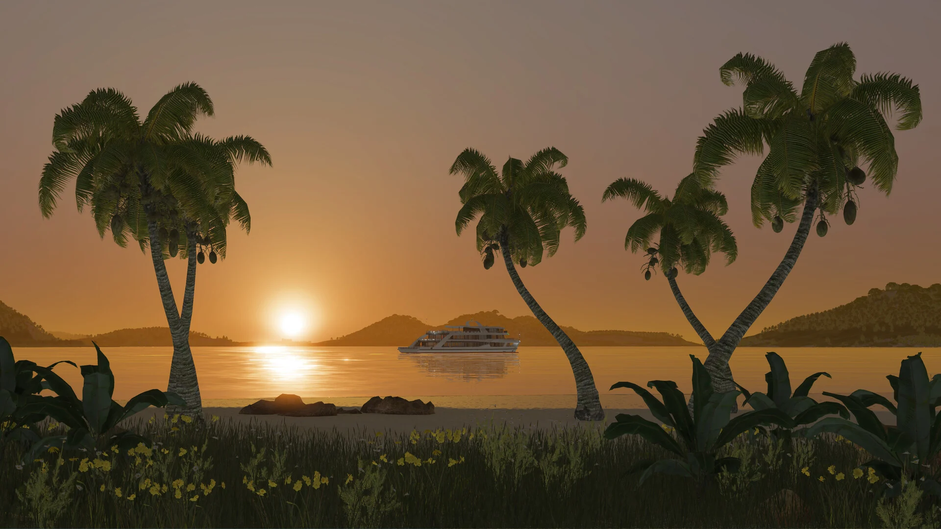 Palm trees framing a tropical sunset over the sea, with a passenger ship on the water in Transport Fever 3