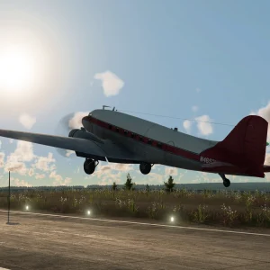 A twin-engine propeller airliner lifting off a runway under a bright sun in Transport Fever 3