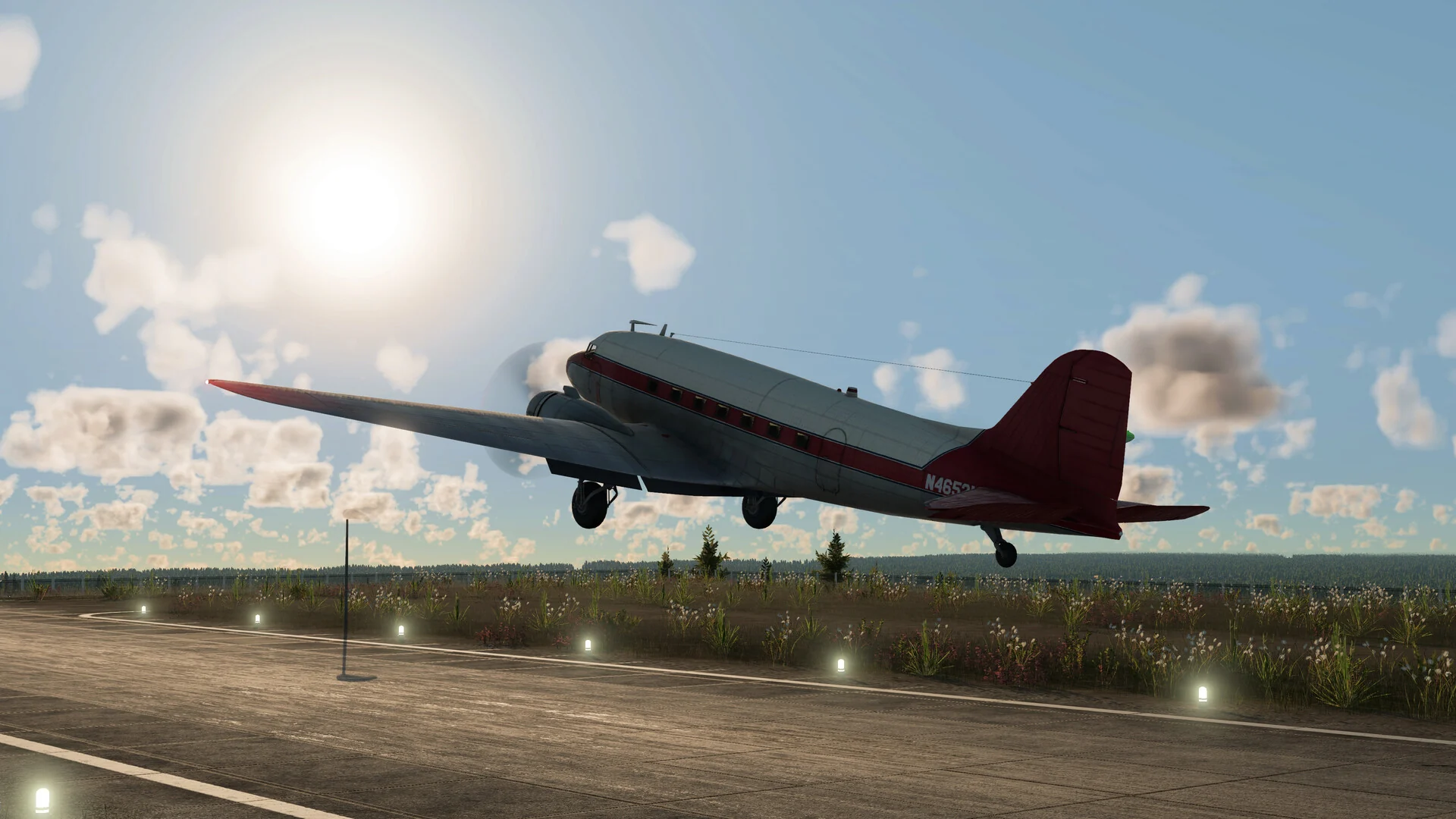 A twin-engine propeller airliner lifting off a runway under a bright sun in Transport Fever 3