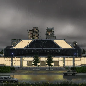 A large train station on a rainy evening, with lit windows reflecting on the wet road and cars waiting outside in Transport Fever 3