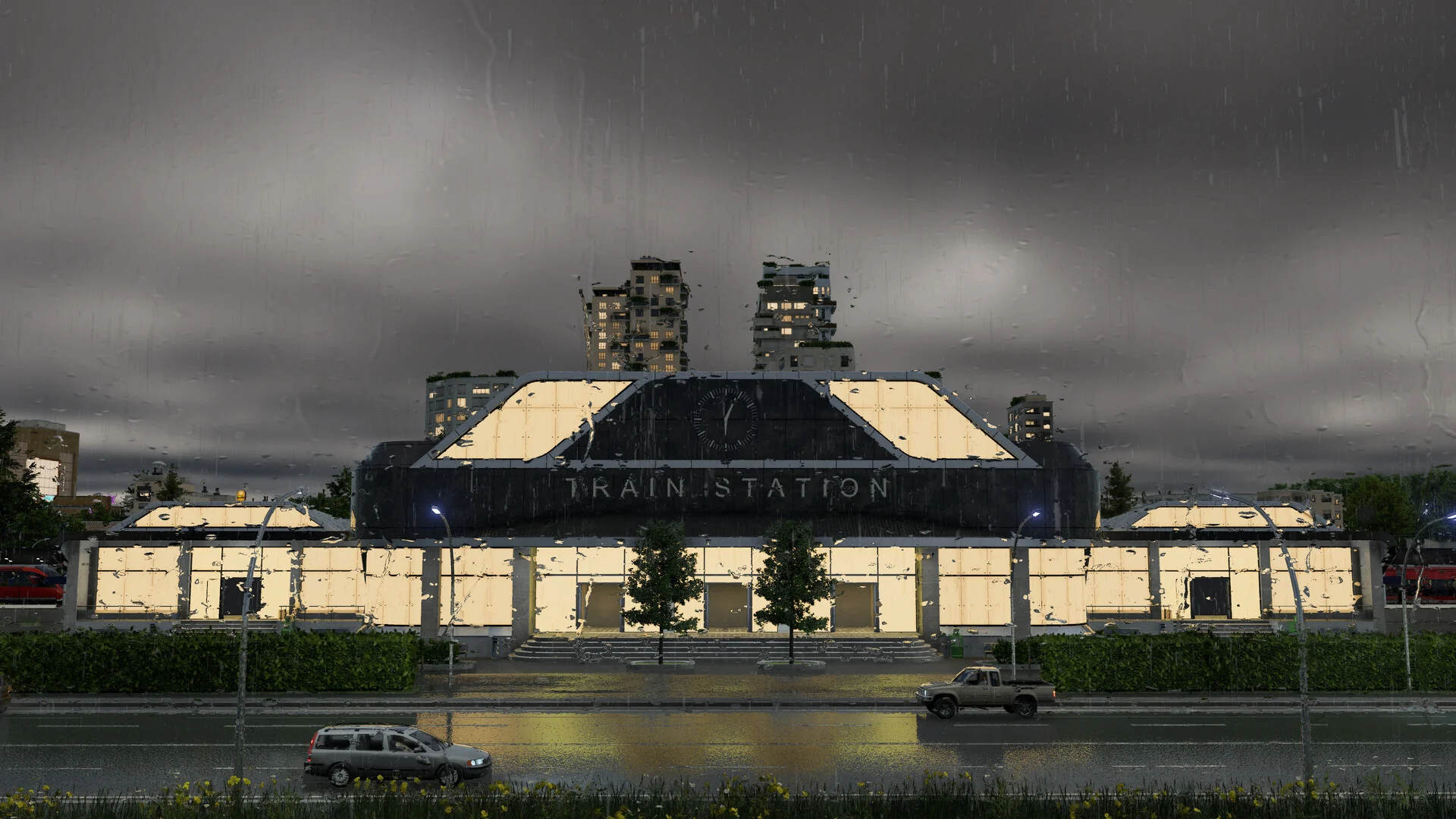A large train station on a rainy evening, with lit windows reflecting on the wet road and cars waiting outside in Transport Fever 3