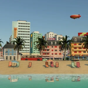 A colorful tropical beach town with palm trees, hotels, a red bus and an airship in the sky in Transport Fever 3