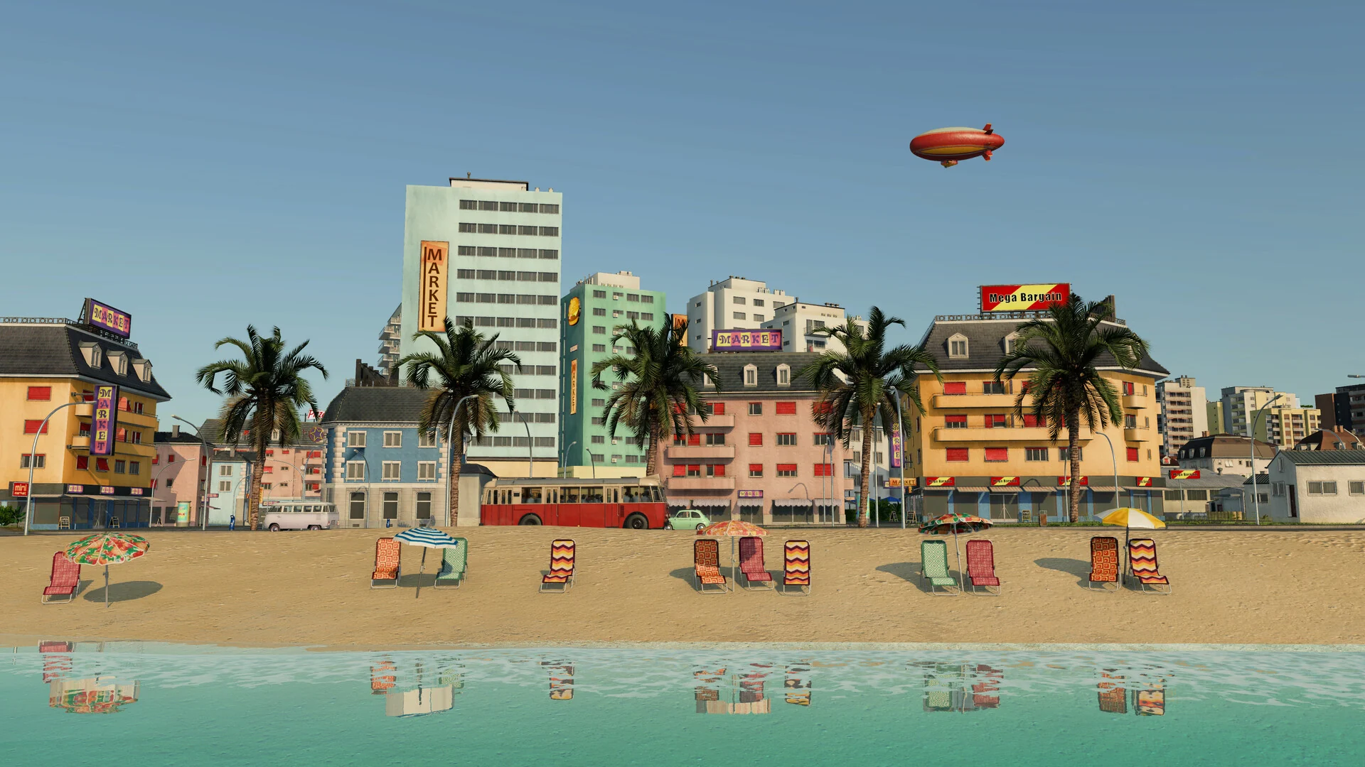 A colorful tropical beach town with palm trees, hotels, a red bus and an airship in the sky in Transport Fever 3