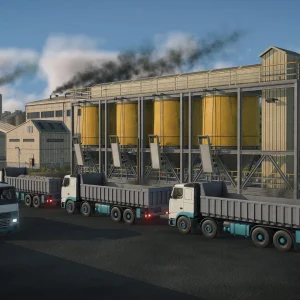 A line of modern dump trucks waiting at an industrial plant with yellow silos and smoking chimneys in Transport Fever 3