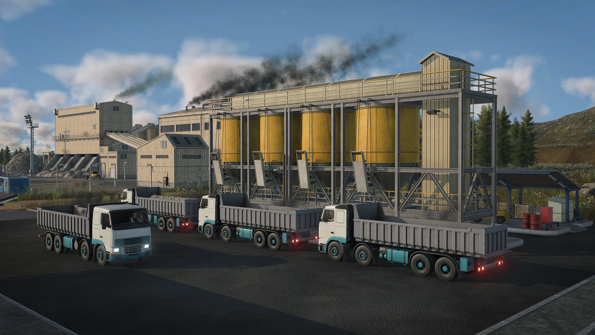 A line of modern dump trucks waiting at an industrial plant with yellow silos and smoking chimneys in Transport Fever 3