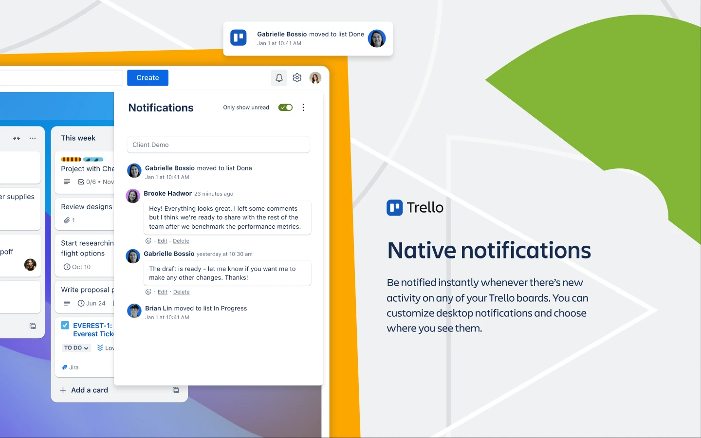 Trello notifications panel listing card moves and comments from teammates, beside a board with This week cards