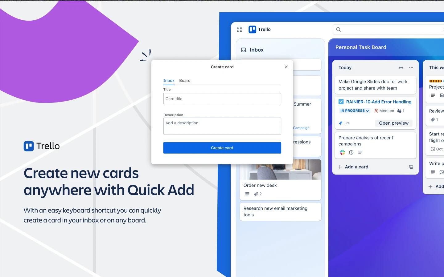Trello Create card window with Inbox and Board tabs, a title field, a description field and a Create card button, over a board