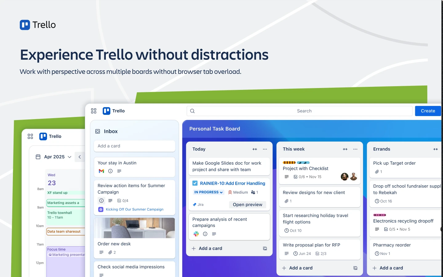 Trello desktop app showing the Inbox panel, a Personal Task Board with Today, This week and Errands lists, and a Planner calendar column